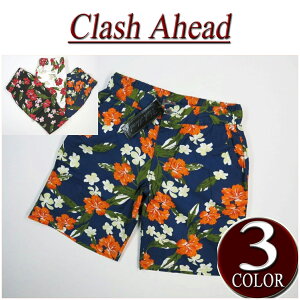 【3色3サイズ】 ib173 新品 Clash Ahead メンズ アロハ柄 ハイビスカス コットン ショートパンツ ネイビー 花柄 ハーフパンツ ショーツ 【smtb-kd】