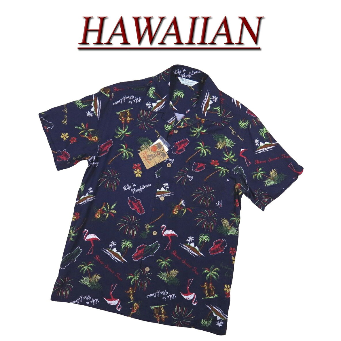 【5/1再入荷! 7サイズ】 wu5012 新品 フラミンゴ フラガール 半袖 レーヨン100% アロハシャツ メンズ アロハ ビーチ ハワイアンシャツ 【smtb-kd】 (ビッグサイズあります!)