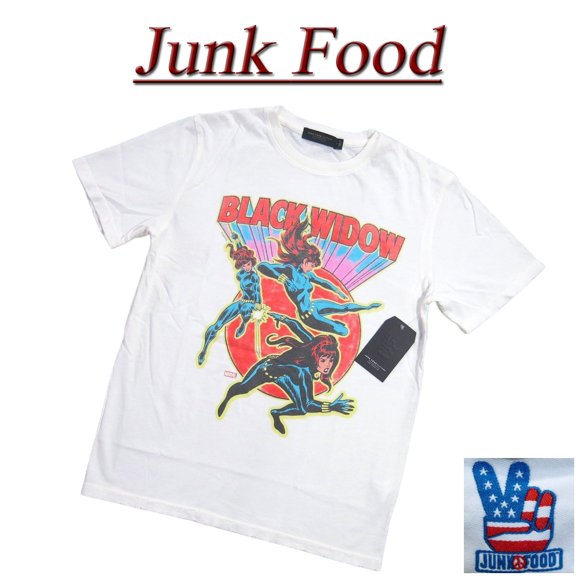 【US規格 5サイズ】 ad141 新品 JUNK FOOD USA産 ブラック・ウィドウ ビンテージ調 ダメージ加工 半袖 Tシャツ 12MXMVL0038 メンズ ジャンクフード BLACK WIDOW マーベル アメコミ ティーシャツ JunkFood Made in USA 【smtb-kd】