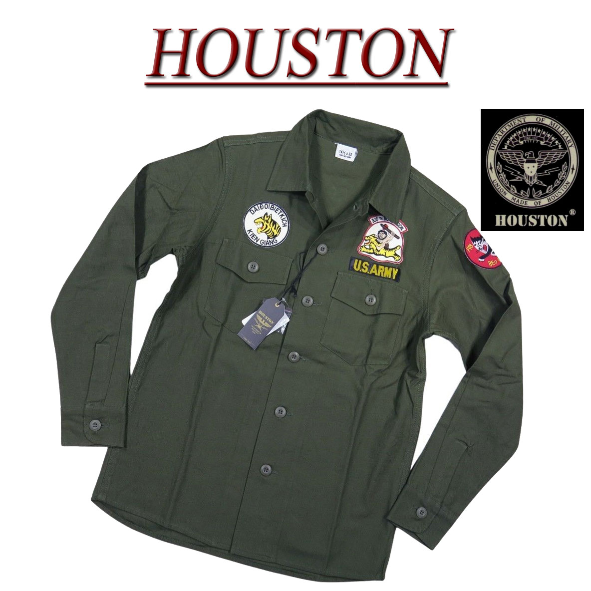 【4サイズ】 jf181 新品 HOUSTON U.S.ARMY 長袖 ワッペン付 コットン ミリタリーシャツ OG-107 40895 メンズ ヒューストン PATCH ARMY L/S SHIRT TIGER ユーティリティーシャツ ワークシャツ アーミー 軍シャツ 【smtb-kd】