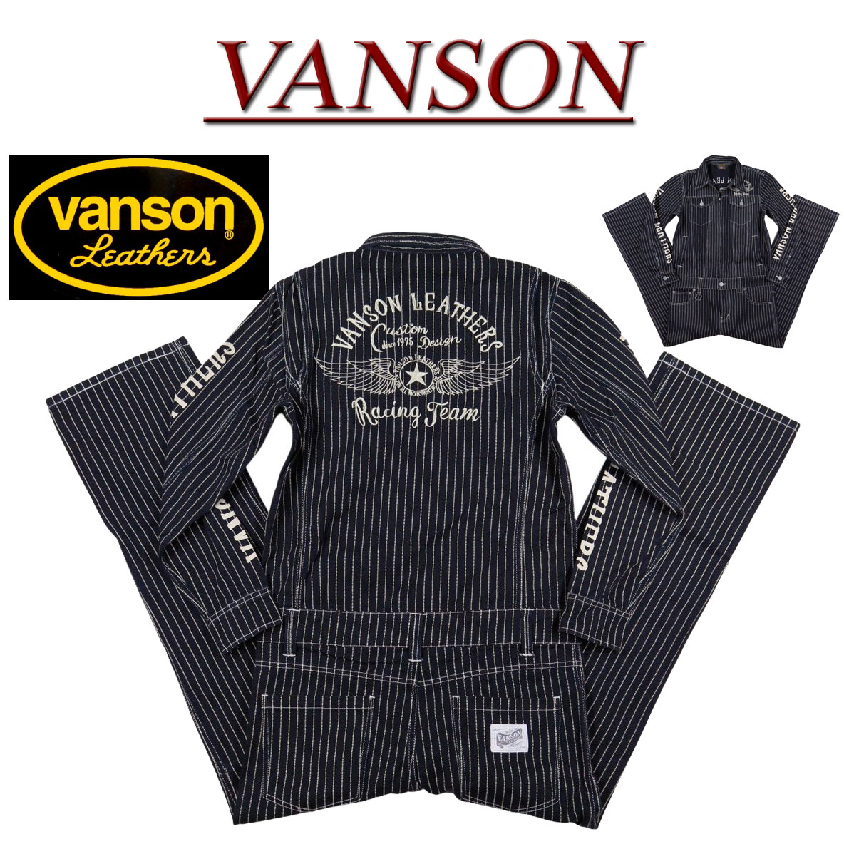 楽天J楽天市場店＋【5サイズ】 nc491 新品 VANSON フライングスター刺繍 ウォバッシュストライプ デニムツナギ NVAO-301NC メンズ バンソン FLYING STAR WABASH STRIPE ALL IN ONE オールインワン つなぎ セットアップ 【smtb-kd】