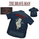  nc892 新品 THE BRAVE-MAN × BETTY BOOP ザ・ブレイブマン × ベティ・ブープ コラボ デニム 半袖 ワークシャツ BBB-2219 メンズ SHORT SLEEVES DENIM WORK SHIRT デニムシャツ 刺繍 チンスト マチ付 