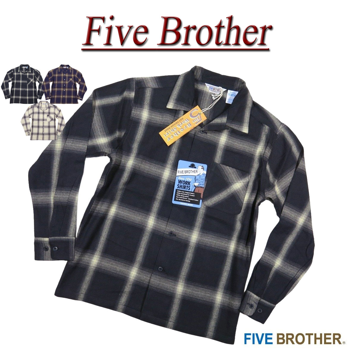 je854 新品 FIVE BROTHER オンブレチェック オープンカラー 長袖 ライトネルシャツ 152101 メンズ ファイブブラザー LIGHT FLANNEL WORK SHIRTS フランネルシャツ チェックシャツ ワークシャツ Made in INDIA 