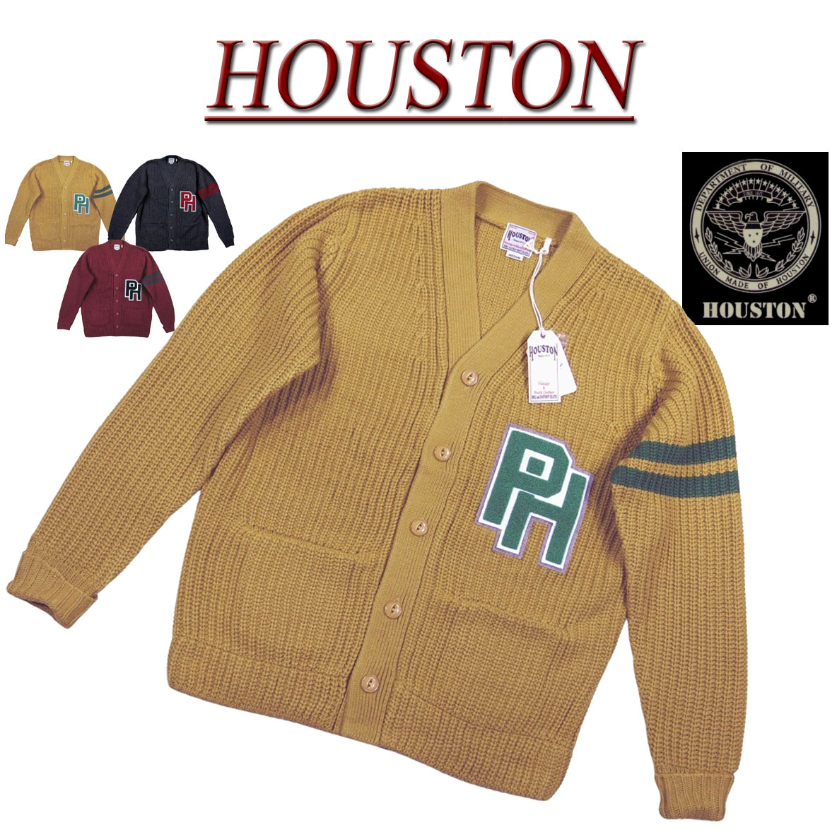  jf842 新品 HOUSTON さがら刺繍 ローゲージ ニット レタード カーディガン 22059 メンズ ヒューストン LETTERED CARDIGAN レターワッペン アメカジ 