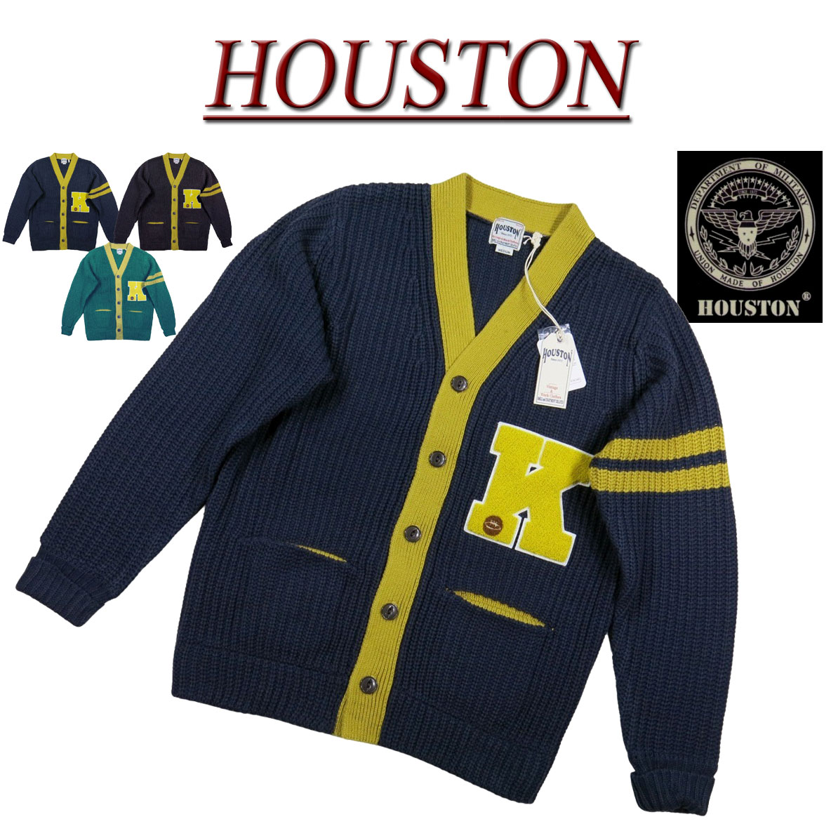  jf852 新品 HOUSTON さがら刺繍 バイカラー ローゲージ ニット レタード カーディガン 22060 メンズ ヒューストン BICOLOR LETTERED CARDIGAN レターワッペン アメカジ 