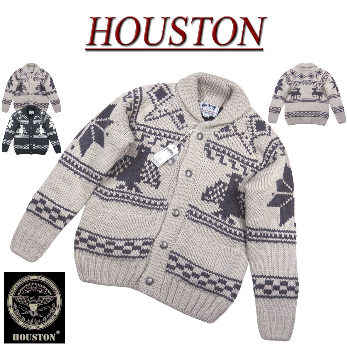 【2022秋冬 2色3サイズ】 jf941 新品 HOUSTON ALASKA 民族柄 カウチンセーター 22062 メンズ ヒューストン COWICHAN SWEATER 鳥 雪 ローゲージ ニット カーディガン【smtb-kd】