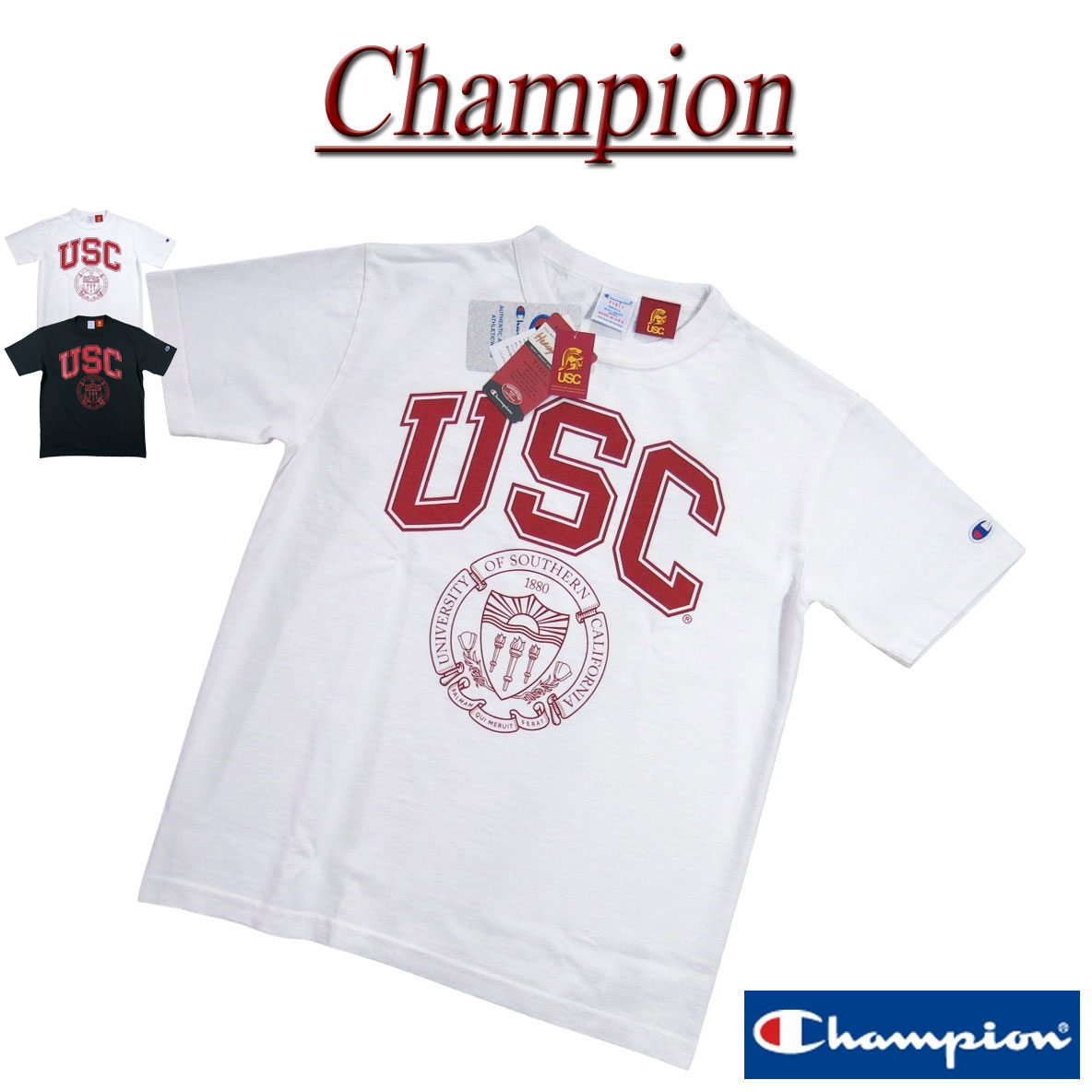 【2色4サイズ】 jg321 新品 Champion × USC コラボ USA製 カレッジプリント 半袖 Tシャツ C5-X303 メンズ チャンピオン × 南カリフォルニア大学 T1011 ティーテンイレブン 染み込みプリント HEAVY WEIGHT JERSEY Made in USA 【smtb-kd】