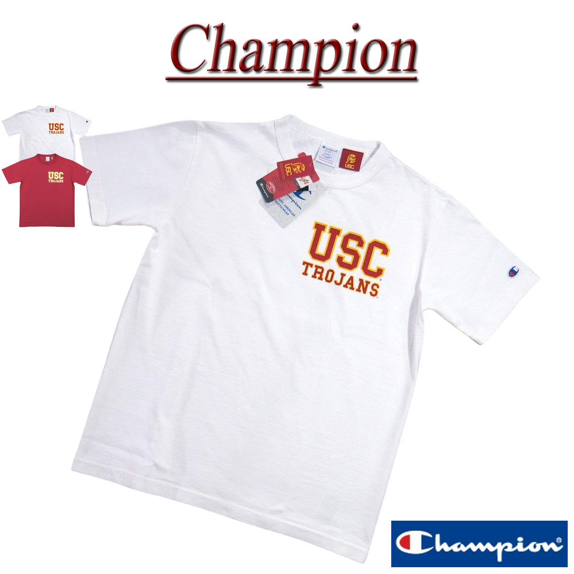 【2色4サイズ】 jg323 新品 Champion × USC コラボ USA製 カレッジプリント 半袖 Tシャツ C5-X303 メンズ チャンピオン × 南カリフォルニア大学 T1011 ティーテンイレブン 染み込みプリント HEAVY WEIGHT JERSEY Made in USA 【smtb-kd】