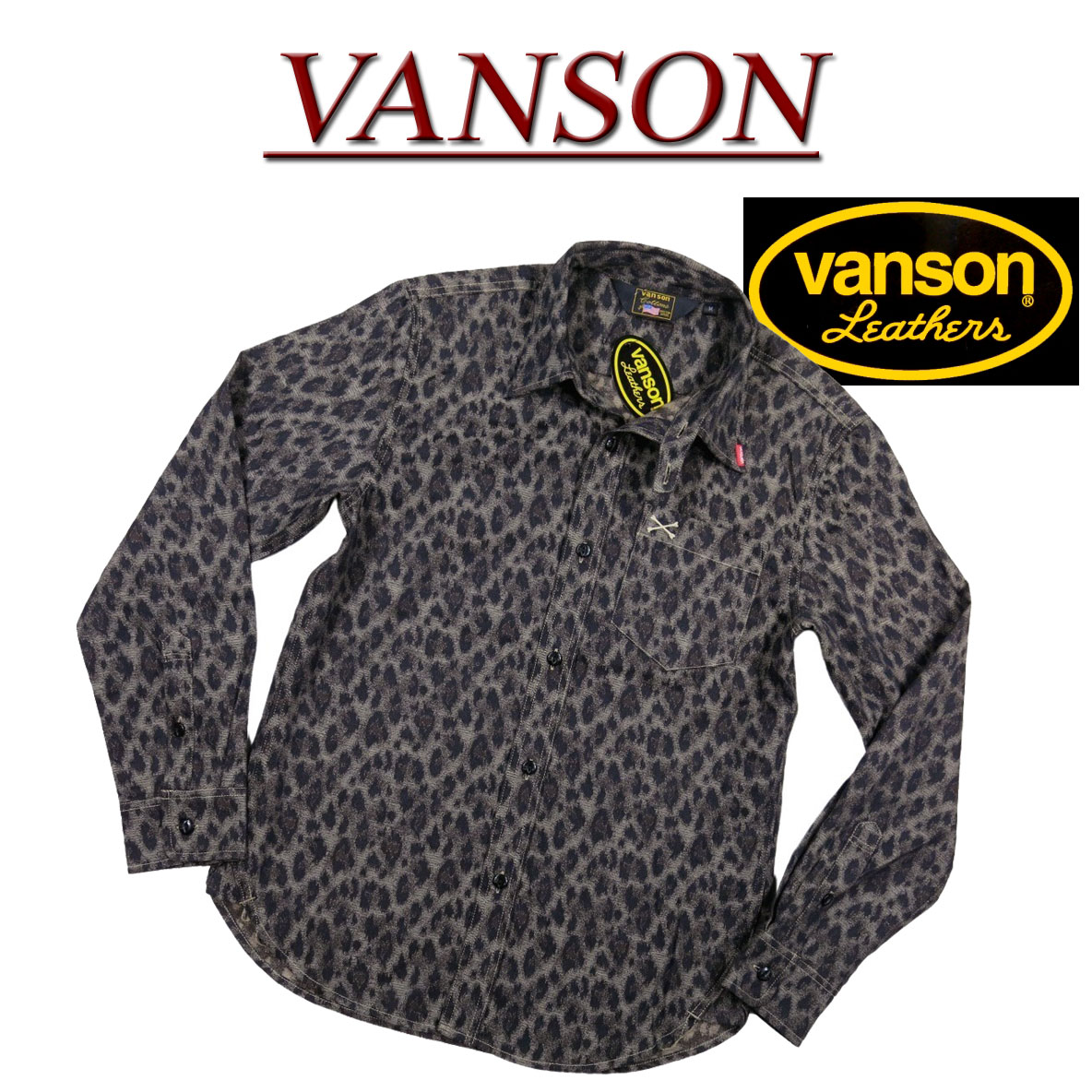  nc423 新品 VANSON クロスボーン刺繍 ヒョウ柄 長袖 ワークシャツ NVSL-803 メンズ バンソン CROSSBONE LEOPARD LONG SLEEVES WORK SHIRT レオパード ヴァンソン 
