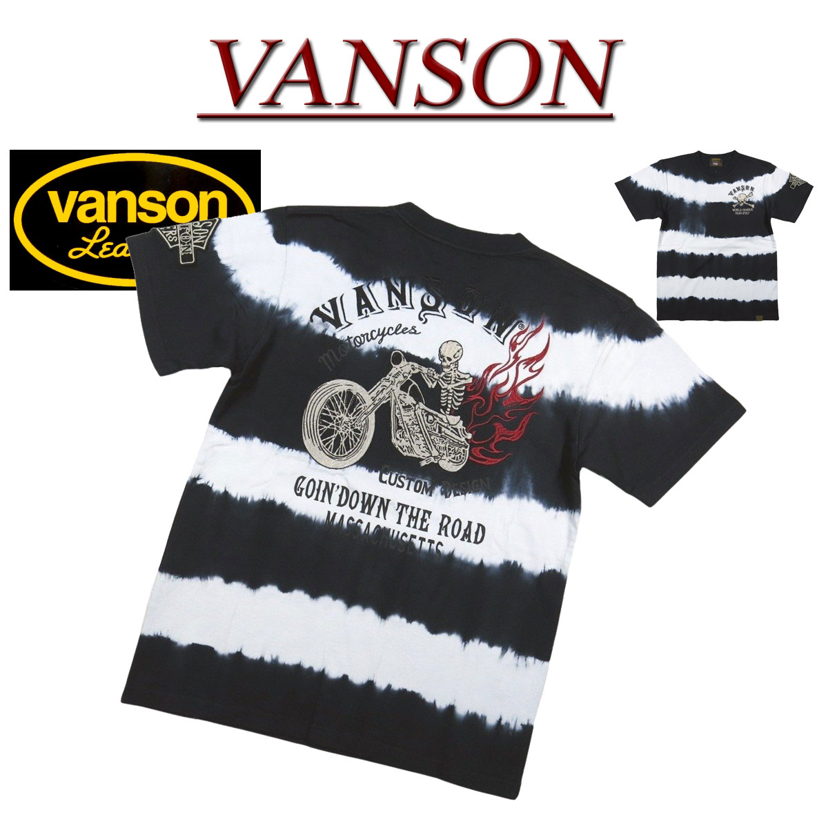  nd022 新品 VANSON スカル クロスボーン刺繍 タイダイ ボーダー 半袖 Tシャツ NVST-2219 メンズ バンソン SKULL CROSSBONE TIE DYE BORDER SHORT SLEEVES T-SHIRT ドクロ ティーシャツ ヴァンソン 