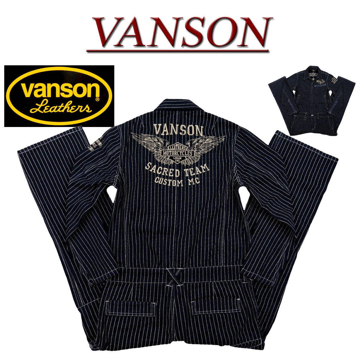 楽天J楽天市場店＋【4サイズ】 nd141 新品 VANSON フライングエンブレム刺繍 ウォバッシュストライプ デニムツナギ NVAO-403NC メンズ バンソン FLYING EMBLEM WABASH STRIPE ALL IN ONE カーゴポケット付 オールインワン つなぎ セットアップ 【smtb-kd】