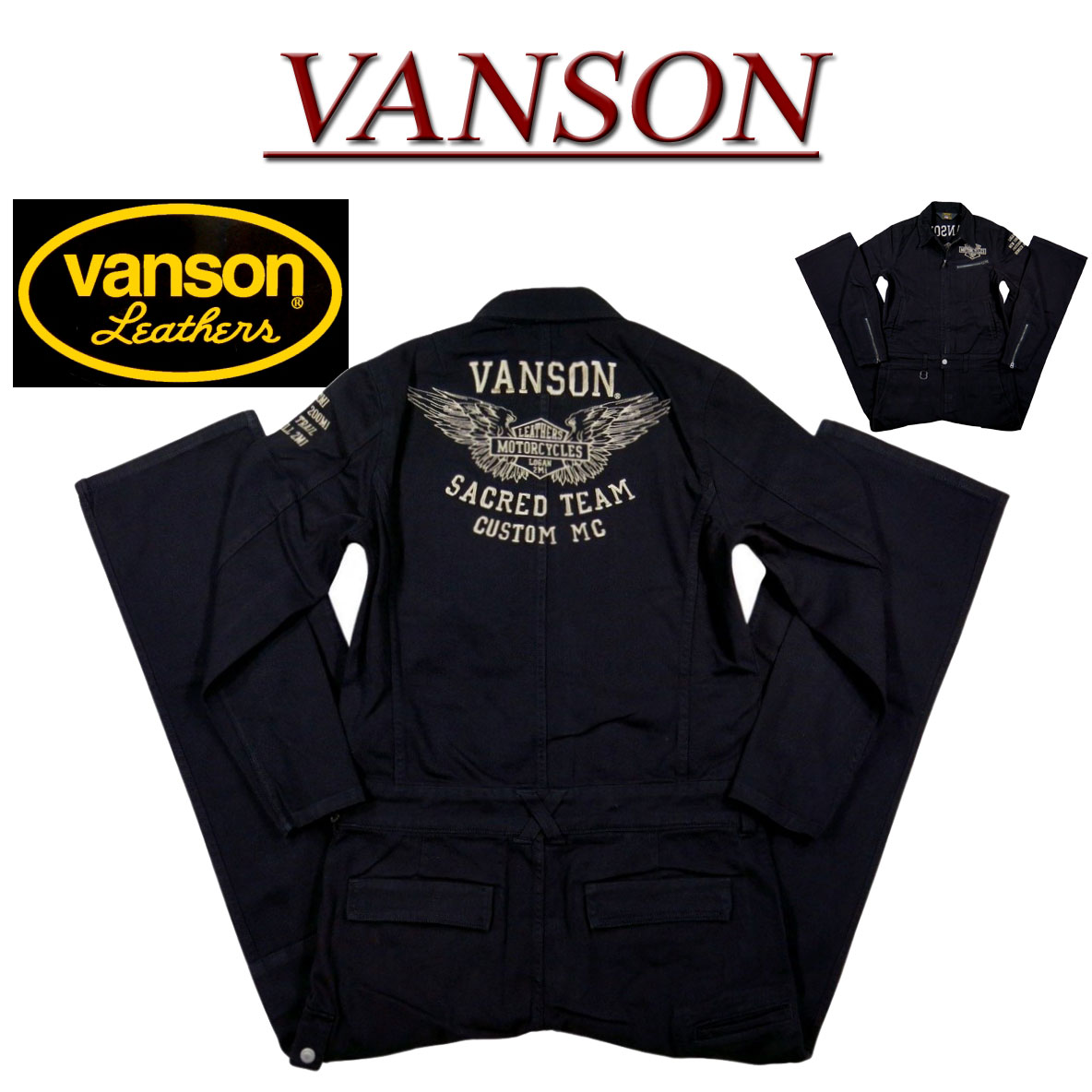 【4サイズ】 nd142 新品 VANSON フライングエンブレム刺繍 ブラックデニム ツナギ NVAO-403NC メンズ バンソン FLYING EMBLEM BLACK DENIM ALL IN ONE カーゴポケット付 オールインワン つなぎ セットアップ 【smtb-kd】