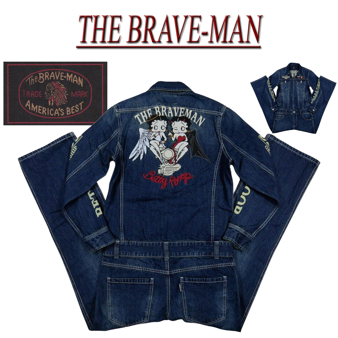 楽天J楽天市場店＋【4サイズ】 nd181 新品 THE BRAVE-MAN× BETTY BOOP ザ・ブレイブマン × ベティ・ブープコラボ アンティーク加工 デニム ツナギ BBB-2252 メンズ DENIM ALL IN ONE オールインワン つなぎ セットアップ 【smtb-kd】