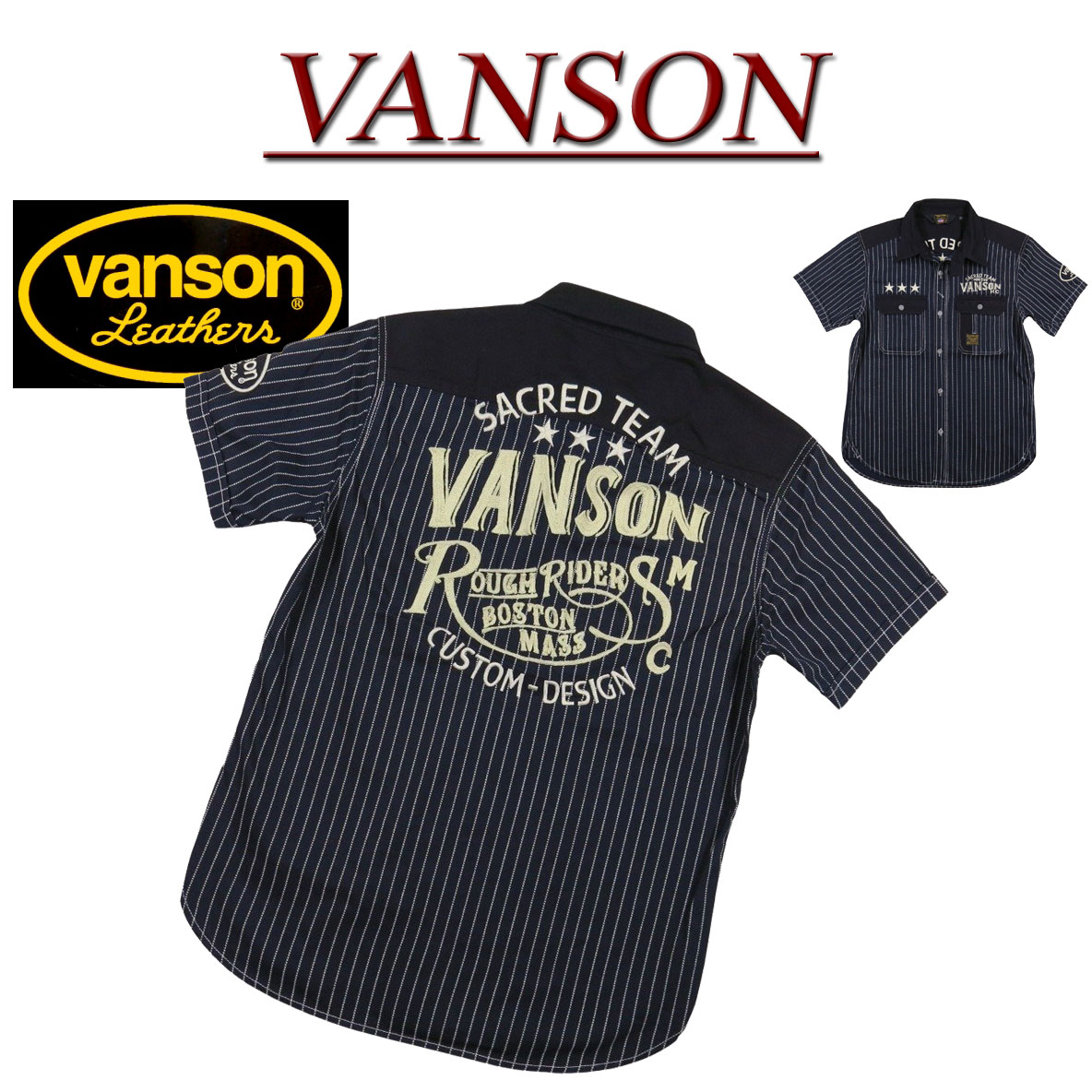 【4サイズ】nd401 新品 VANSON チェーン刺繍 マチ付 ウォバッシュストライプ 半袖 ワークシャツ NVSS-2301 メンズ バンソン WABASH STRIPE SHORT SLEEVES WORK SHIRT チンストラップ 【smtb-kd】