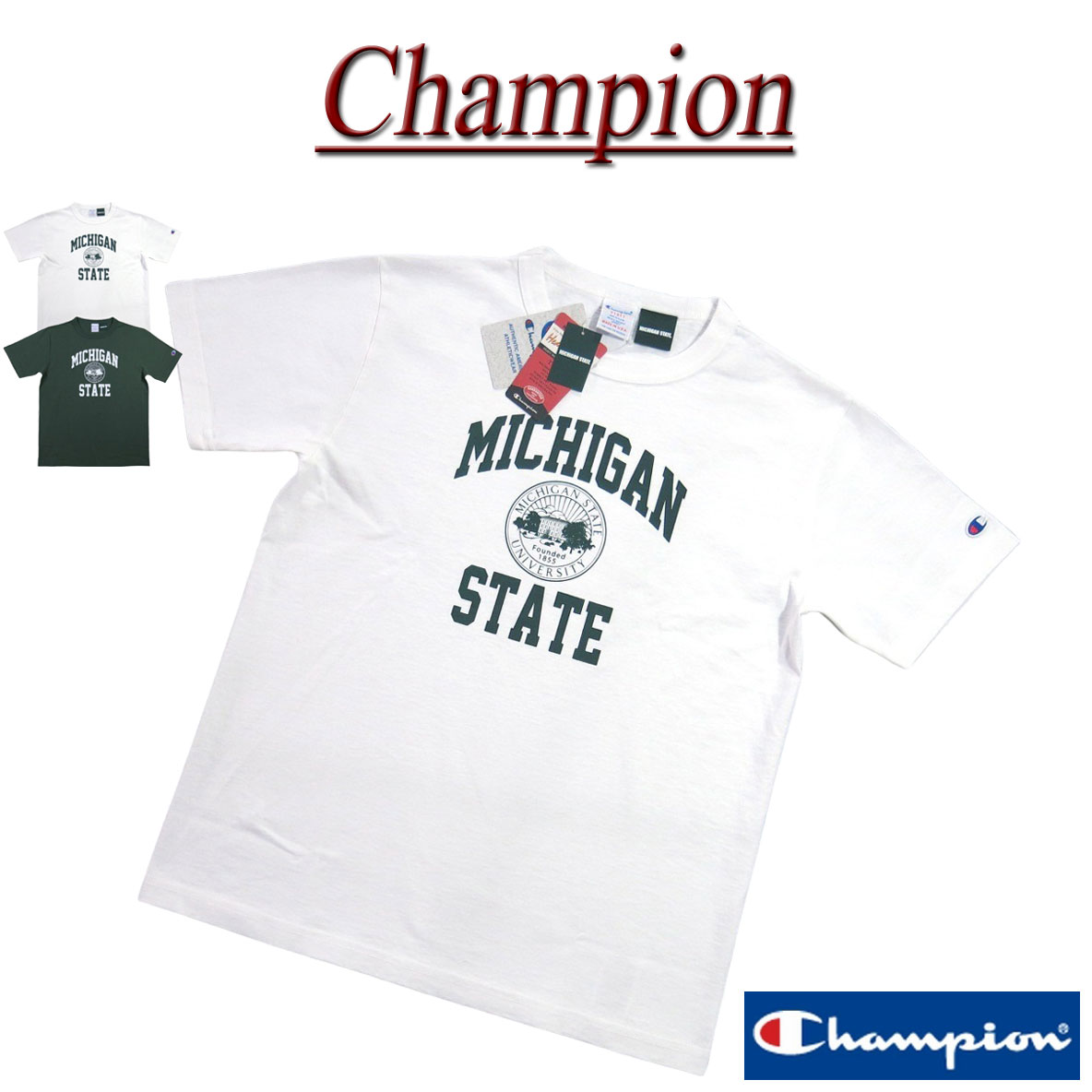 【5/27再入荷! 2024春夏 2色4サイズ】 jg891 新品 Champion × MICHIGAN コラボ USA製 カレッジプリント 半袖 Tシャツ C5-Z305 メンズ チャンピオン × ミシガン州立大学 T1011 ティーテンイレブン 染み込みプリント HEAVY WEIGHT JERSEY Made in USA 【smtb-kd】