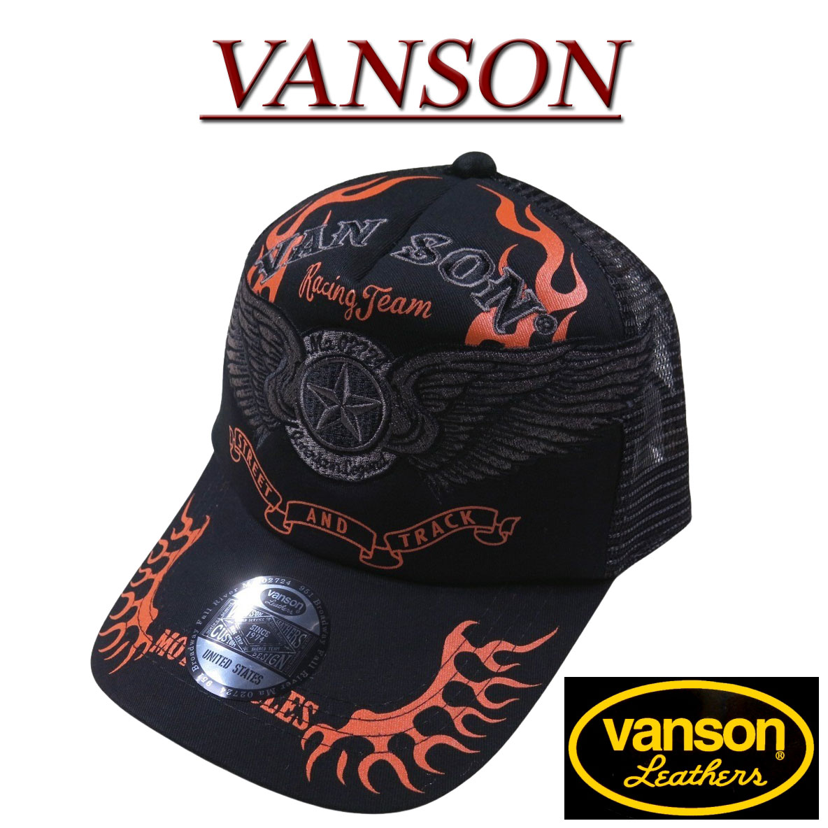 nd611 新品 VANSON フライングスター ファイヤー刺繍 ツイル地 メッシュキャップ NVCP-2305 メンズ バンソン FLYING STAR TWILL MESH CAP 帽子 ヴァンソン 