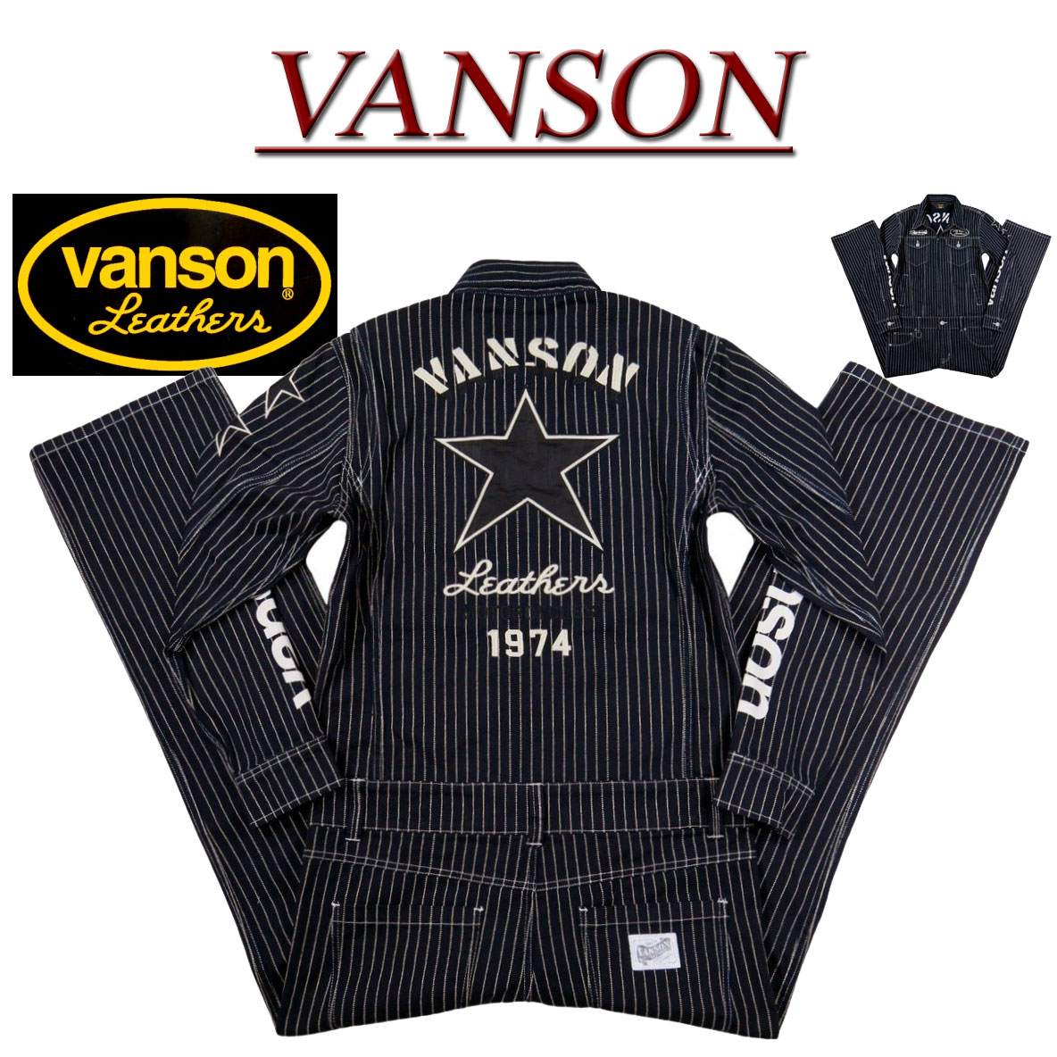 【4サイズ】 nd661 新品 VANSON ワンスター刺繍 ウォバッシュストライプ デニムツナギ NVAO-2401 メンズ バンソン ONE STAR WABASH STRIPE ALL IN ONE オールインワン つなぎ セットアップ 【smtb-kd】