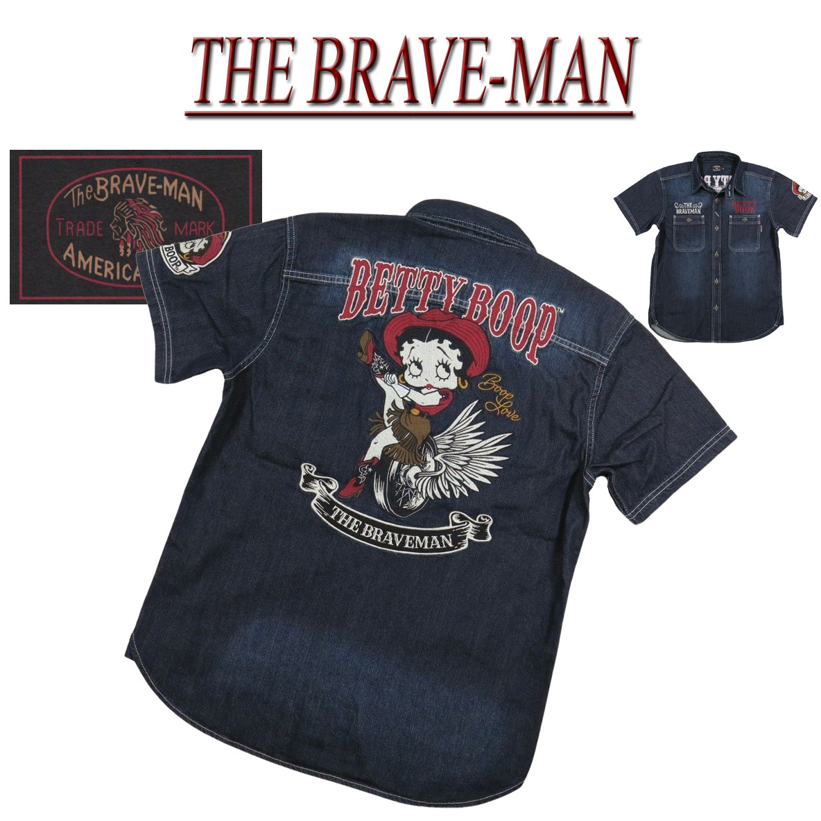 【4サイズ】 nd711 新品 THE BRAVE-MAN × BETTY BOOP ザ・ブレイブマン × ベティ・ブープ コラボ デニム 半袖 ワークシャツ BBB-2426 メンズ SHORT SLEEVES DENIM WORK SHIRT デニムシャツ 刺繍 チンスト マチ付 【smtb-kd】