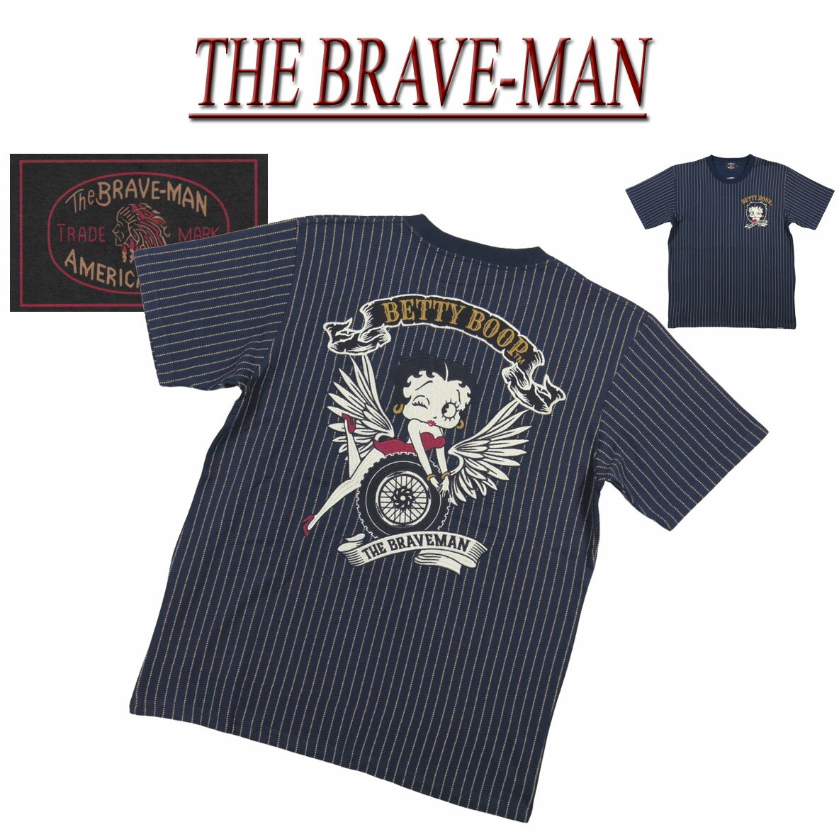 Rakuten - 【4サイズ】 nd942 新品 THE BRAVE-MAN × BETTY BOOP ザ・ブレイブマン × ベティ・ブープ コラボ 刺繍 ウォバッシュ ストライプ 半袖 Tシャツ BBB-2435 メンズ SHORT SLEEVES T-SHIRT ティーシャツ 【smtb-kd】