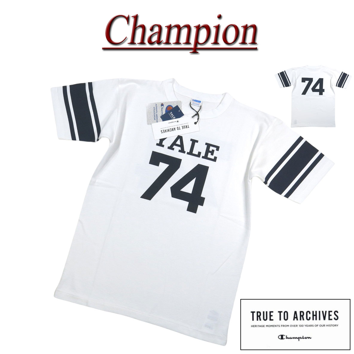 Rakuten - 【4/28再入荷! 4サイズ】 jh631 新品 Champion × YALEコラボ 日本製 70-80’s ビンテージ 復刻モデル バータグ 1/4スリーブ フットボール Tシャツ C3-R339 メンズ チャンピオン×イエール大学 カレッジプリント TRUE TO ARCHIVES Made in JAPAN 【smtb-kd】