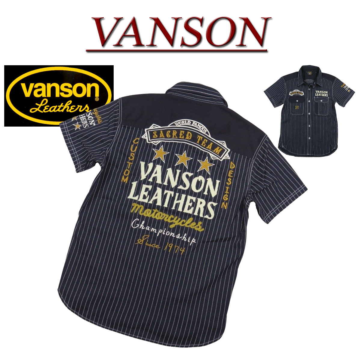 Rakuten - 【4サイズ】ne371 新品 VANSON チェーン刺繍 マチ付 ウォバッシュストライプ 半袖 ワークシャツ NVSS-2501 メンズ バンソン WABASH STRIPE SHORT SLEEVES WORK SHIRT チンストラップ 【smtb-kd】