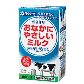 牛乳を飲むとおなかが痛くなる主原因である乳糖をラクターゼで処理し、その80%をぶどう糖とガラクトースに分解し、消化吸収しやすくしました。 生乳使用率99%で、牛乳のおいしさと栄養素は変わりません。 ぶどう糖とガラクトースは乳糖に比べ甘みが強いことから、牛乳に比べほのかな甘さを呈しています。 送料無料！【組合せ自由】 名　称 南日本酪農協同　デーリィ　おなかにやさしいミルク 内容量 1000ml×6本 原材料名 生乳（50%以上）、ラクターゼ(乳糖分解酵素） 成分組成 無脂乳固形分:8.3%、乳脂肪分:3.5% 主要栄養成分 (200ml当たり) エネルギー130kcal、たんぱく質6.2g、脂質7.4g、炭水化物9.6g、ナトリウム84mg、カルシウム216mg 殺菌 138℃ 2秒間 製造者 南日本酪農協同 製造所所在地 宮崎県都城市姫城町32街区3号 南日本酪農共同(株) 賞味期限 50日前後(未開封) 配送方法 保存方法 常温保存可能 常温を超えない温度で保存してください。 備考 ●開封後は賞味期限にかかわらず、できるだけ早めにお飲みください。 ※紙パック商品の為、運送時に角などが多少潰れる可能性がありますが、交換保障は対応しかねます。 &#9679;霧島山麓牛乳 200ml×24本⇒ &#9679;霧島山麓牛乳 200ml×48本⇒ &#9679;デーリィ ヨーグルッペ 200ml×24本⇒ &#9679;デーリィ ヨーグルッペ　マンゴー 200ml×24本⇒ ※紙パック商品の為、運送時に角などが多少潰れる可能性がありますが、交換保障は対応しかねます。 北海道・沖縄・離島は別途料金を頂いております ※普通便とクール冷蔵便商品との同梱がある場合は別途追加送料をいただきます。牛乳を飲むとおなかが痛くなる主原因である乳糖をラクターゼで処理し、その80%をぶどう糖とガラクトースに分解し、消化吸収しやすくしました。 生乳使用率99%で、牛乳のおいしさと栄養素は変わりません。 ぶどう糖とガラクトースは乳糖に比べ甘みが強いことから、牛乳に比べほのかな甘さを呈しています。