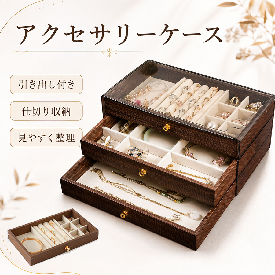 商品詳細: ■商品説明 アクセサリーを種類ごとにすっきり整理できる、多段タイプのジュエリーボックス。 仕切り付きの収納スペースと引き出しを備え、リングやピアス、ネックレス、ブレスレットなどをまとめて収納できます。 落ち着いた木目調デザインで、ドレッサーやデスクまわりにも自然になじみます。細かなアクセサリーを見やすく整理したい方にもおすすめです。 ■キーワード アクセサリーケース ジュエリーボックス アクセサリー収納 宝石箱 小物入れ 収納ケース 引き出し 多段 仕切り付き リング収納 指輪収納 ピアス収納 イヤリング収納 ネックレス収納 ブレスレット収納 腕時計収納 木目調 卓上収納 おしゃれ レディース ギフト プレゼント メーカー希望小売価格はメーカーサイトに基づいて掲載しています メーカー希望小売価格はメーカーサイトに基づいて掲載しています メーカー希望小売価格はメーカーサイトに基づいて掲載しています