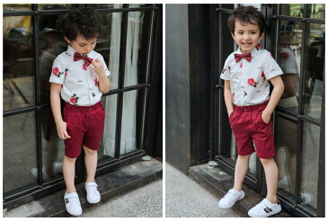 男の子スーツ 2点セット シャツ 花柄 半袖 こどもスーツ 花柄 棉 パンツ 男の子 キッズ こども 子供 子ども スーツ 七五三 卒業式 入学式 発表会 90 100 110 120 130 140 cm キッズ ジュニア 学生 夏 ワイシャツ ハーフパンツ フォーマル カジュアルセット 可愛い