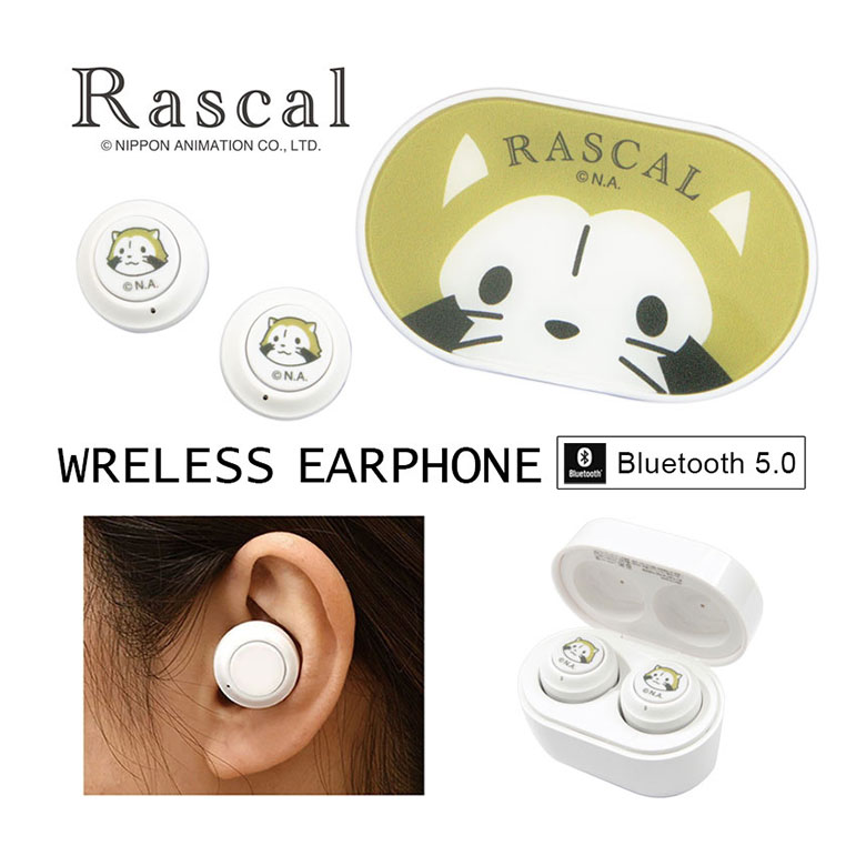 ラスカル ワイヤレスイヤホン 充電ケース付き Bluetooth 5.0 コードレス キャラクター グッズ ステレオイヤホン 無線 ブルートゥース Ver.5.0 イヤホン カナル型 かわいい オシャレ あらいぐまラスカル 世界名作劇場 ケース付きのサムネイル