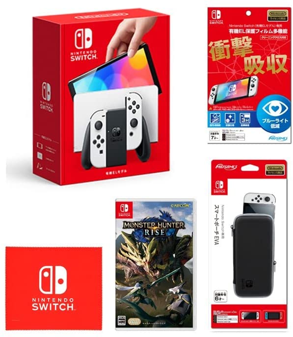 Nintendo Switch(有機ELモデル) Joy-Con(L)/(R) ホワイト+【任天堂ライセンス商品】Nintendo Switch (有機ELモデル)専用有機EL保護フィルム 多機能+Nintendo Switch 専用 スマートポーチEVA ブラック×グレー+モンスターハンターライズ -Switch