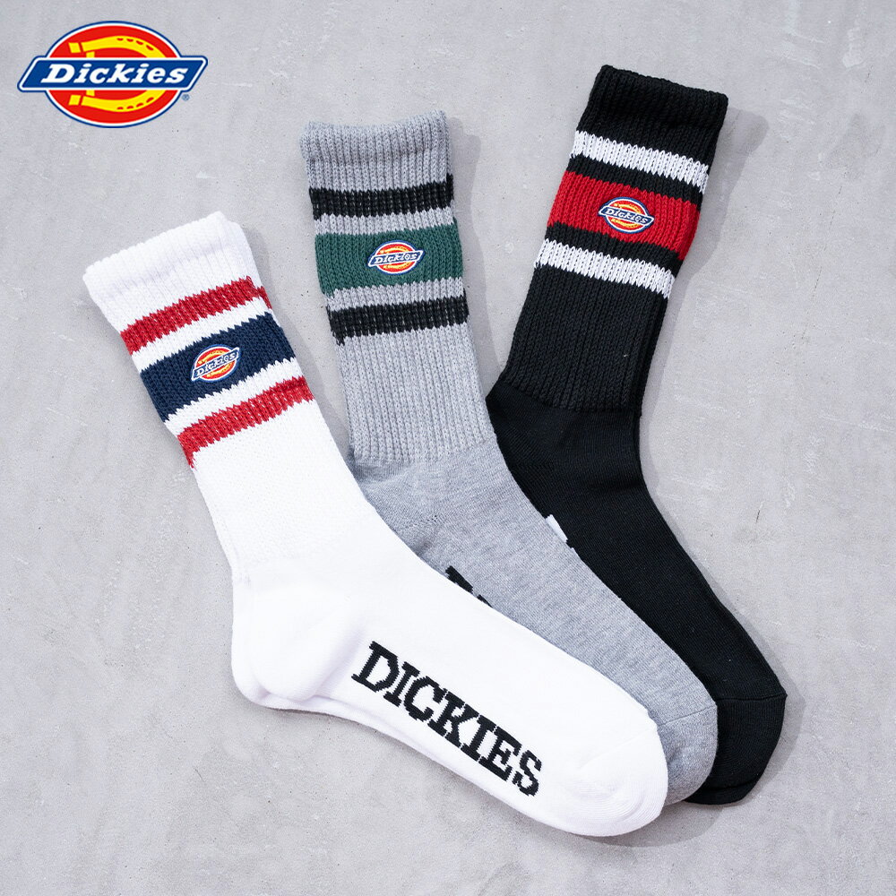 ★SALE価格10％OFF★【Dickies】クルー丈 3カラーライン 足底パイルソックス 3足セット/全1色