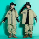 送料無料 キッズ~大人サイズ ダンス衣装 カーキ セットアップ 半袖 ワークシャツ ボトムス 長袖Tシャツ 黒 ストリート ダンス衣装 カジュアル ヒップホップ ジャズ 100~180