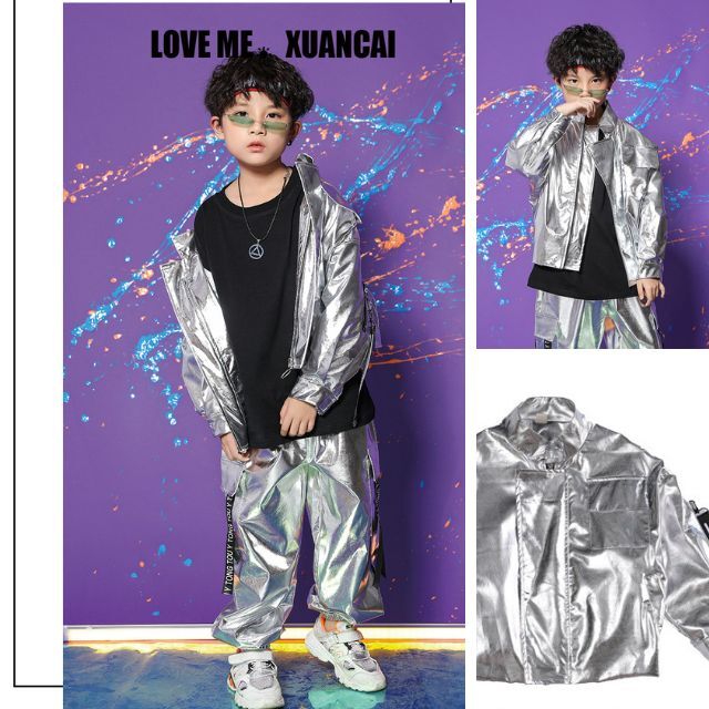 送料無料 キッズ こども ダンス衣装 レッスン着に シルバー光沢 長袖 ジャケット ストリート ダンス衣..