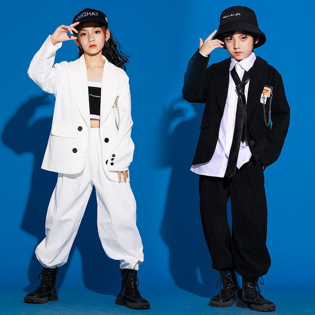送料無料 キッズ こども セットアップ 上下セット ジャケット パンツ スーツ 黒 白 ダンス衣装 レッスン着に ストリート ダンス衣装 カジュアル 舞台 大量オーダー 110～180