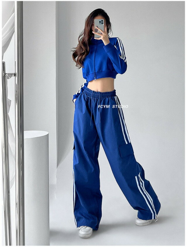 サイドライン ナイロン生地 ショート丈 ジップアップジャケット ボトムス 上下セット セットアップ ダンス衣装 ダンスレッスン着 カーゴパンツ 赤 黒 ブルー 紺 ストリート カジュアル