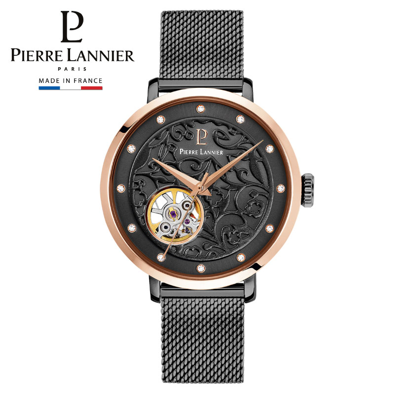 腕時計 レディース Pierre Lannier ピエールラニエ エオリア オートマティック 自動巻き 機械式腕時計 メッシュベルト 花柄 フラワー チャコールグレー 時計 ウォッチ 正規品 金属ベルト フラ…