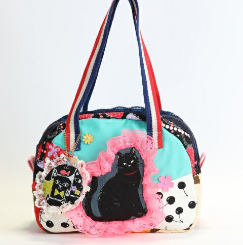 JuJuオリジナル【黒猫さんのエメグリーンのコットンbag】ミニボストンバッグ/オリジナルバッグ希少可愛いコットンバッグ/入園/入学/通園バッグ/通園かばん/子供 子ども キッズ こども 小学校 小学生 通学 通園 バッグ