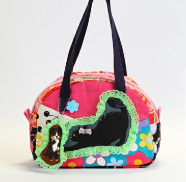 【黒猫さんの濃いピンクのコットンbag】ミニボストンバッグ/オリジナルバッグ希少可愛いコットンバッグ/入園/入学/通園バッグ/通園かばん/子供 子ども キッズ こども 小学校 小学生 通学 通園 バッグ