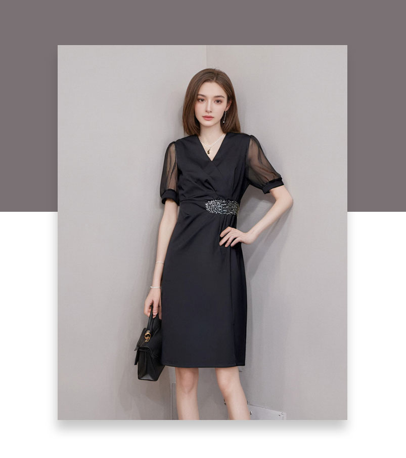 【タイムセール最大50%OFFクーポン配布】ワンピース 半袖 Vネック ネックシースルー袖ワンピース 結婚式 二次会 パーティードレス ミディアム丈 膝上 パフスリーブ 透け感 体型カバー 大人可愛い きれいめ フォーマル 夏物 40代 50代 60代 ブラック M/L/XL/2XL