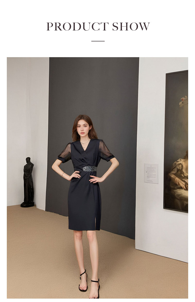 【タイムセール最大50%OFFクーポン配布】ワンピース 半袖 Vネック ネックシースルー袖ワンピース 結婚式 二次会 パーティードレス ミディアム丈 膝上 パフスリーブ 透け感 体型カバー 大人可愛い きれいめ フォーマル 夏物 40代 50代 60代 ブラック M/L/XL/2XL