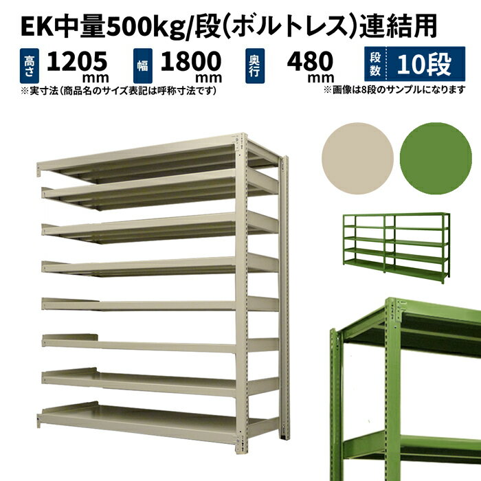 EK中量 500kg/段 高さ1200×幅1800×奥行450mm 10段 連結 (ボルトレス) アイボリー/グリーン (165kg) EK500_R-121845-10