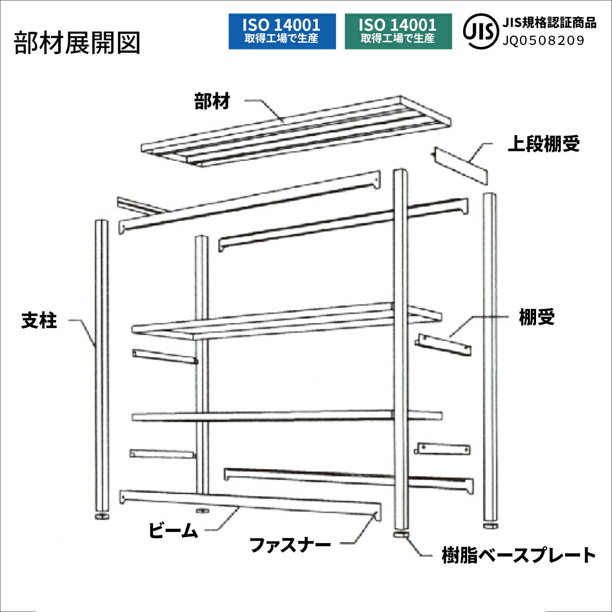 MK中量 300kg/段 高さ1800×幅1500×奥行900mm 2段 単体 (ボルトレス) ライトアイボリー (67kg) MK300_T-181509-2