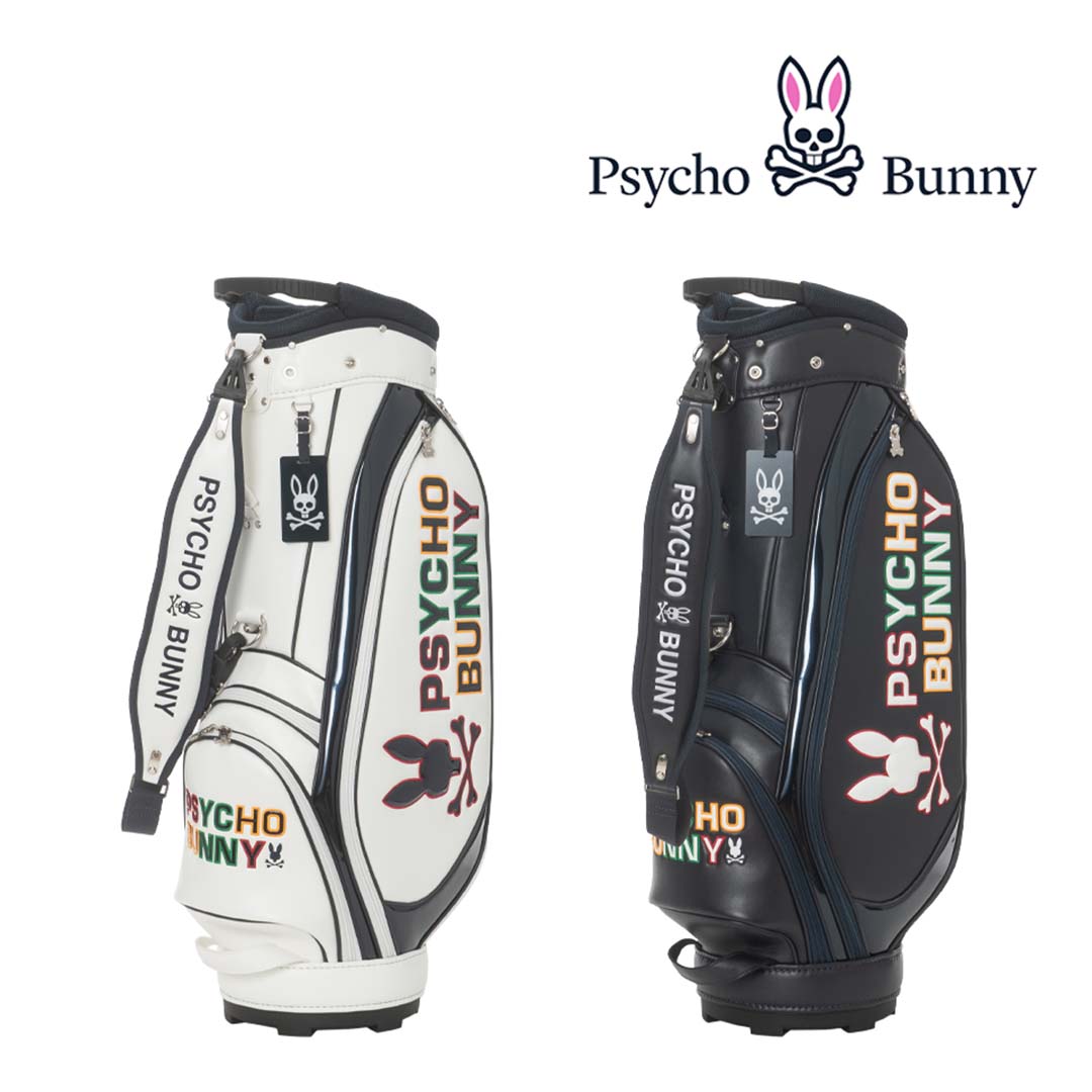 【商品明細】 ●ブランド：サイコバニーゴルフ ●品番（モデル）：PBMG5FC4 ●素材：合成皮革(PU) ●カラー：ホワイト/ネイビー ●サイズ：重量：3.8kg　口径：9.0型　仕切分割：4分割　セパレーター分割：3分割　クラブ対応長さ：46インチ　クラブ収納数：14本　ネームプレート素材：アクリル ソフト合皮を使用したキャディバッグ。 ユニークさを際立たせたエナメルのアップリケとカラフルな縁取りが特徴。 細身ながらも存在感のあるデザイン。