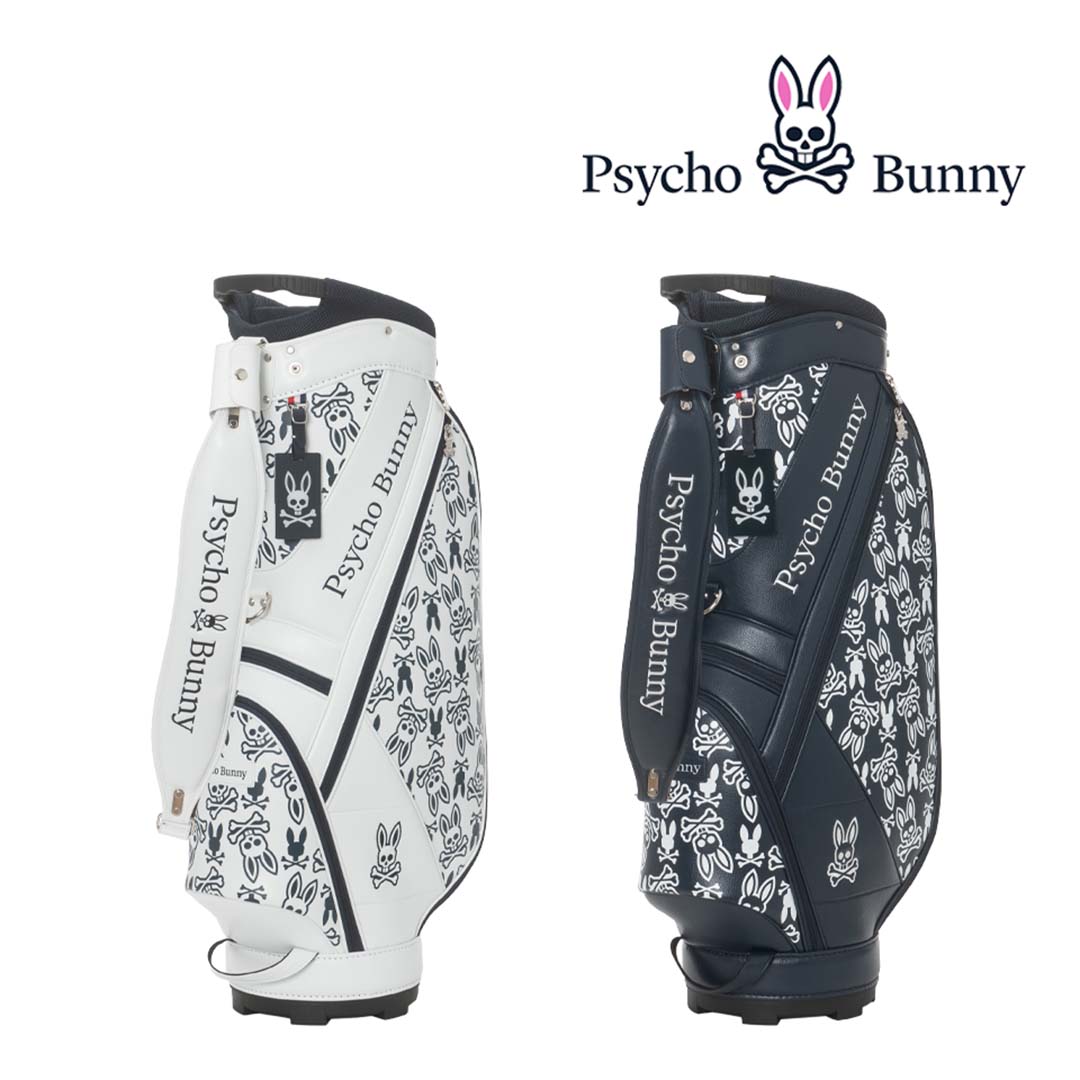 【商品明細】 ●ブランド：サイコバニーゴルフ ●品番（モデル）：PBMG5FC5 ●素材：合成皮革(PU) ●カラー：ホワイト/ネイビー ●サイズ：重量：3.2kg　口径：9.0型　仕切分割：4分割　セパレーター分割：3分割　クラブ対応長さ：46インチ　クラブ収納数：14本　ネームプレート素材：アクリル モノグラムのバニー柄プリントが特徴の合皮を使用したキャディバッグ 。 ロゴは刺繍で施しシンプルなデザイン。