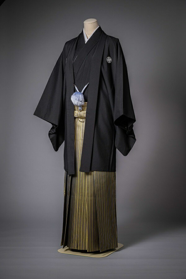 03【レンタル】羽織（黒）・袴（ゴールドぼかし縞）フルセット【送料無料】和装 神社 ブライダル 着物 結婚式 前撮り 後撮り 卒業式 成人式