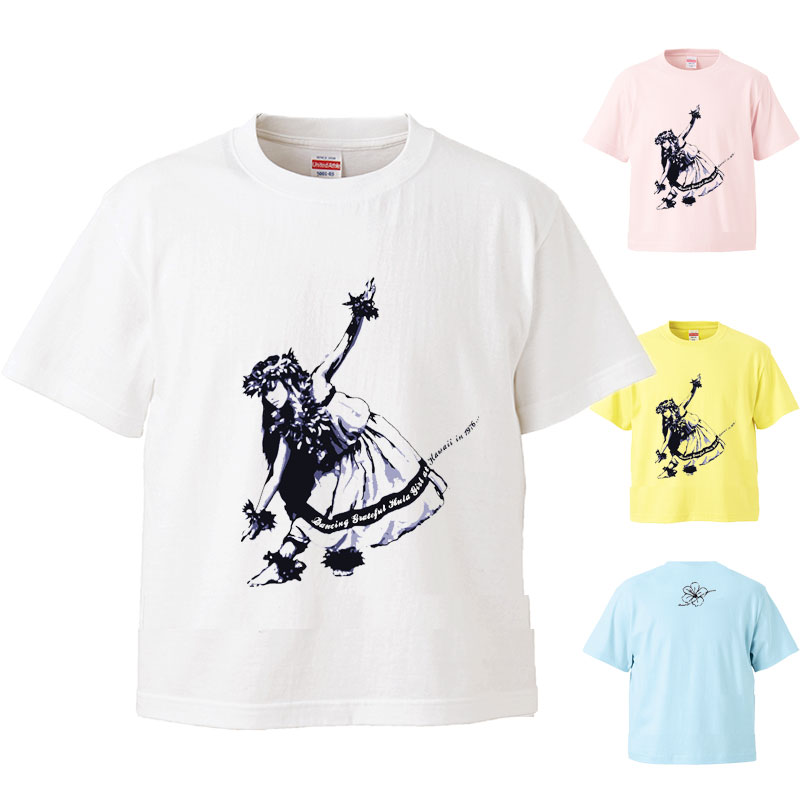 *ダークネイビーカラー絵画風ダンシングフラガール＆ハイビスカス*キッズベーシック半袖Tシャツ綿コットン100/110/120/130/140子供入園入学保育所保育園幼稚園小学生女の子親子ペアツインお揃いハワイフラダンスハイビスカスモンステラ【メール便可】【tk093】