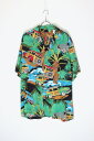 yÁzNO BRAND (m[ uh) S/S PALM TREE & CAR HAWAIIAN SHIRT  p c[ Ah J[ nCAVc BLACK/GREEN [SIZE: XL USED]