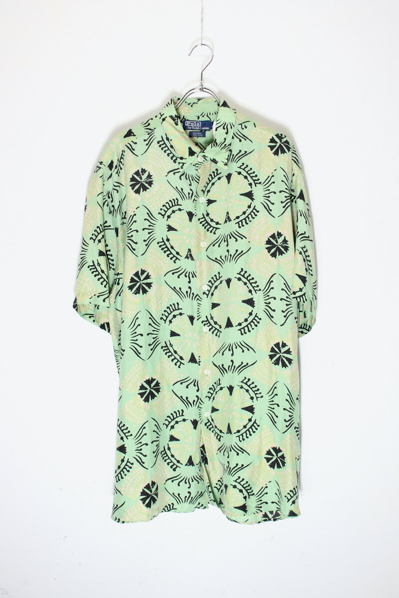 【中古】POLO BY RALPH LAUREN (ポロ バイラルフ ローレン) 90'S S/S PATTERN SILK OPEN COLLAR SHIRT 90年代 半袖 パターン シルク オープン カラー シャツ LIME/YELLOW/BLACK [SIZE: XL USED]