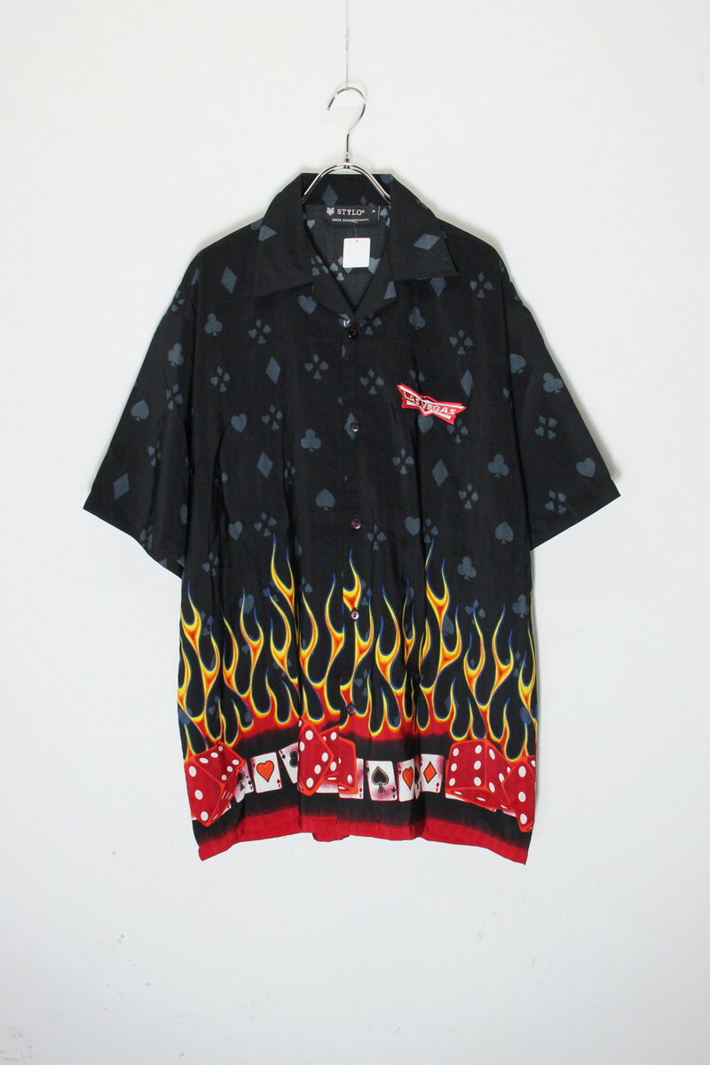 NO BOUNDARIES (ノー バウンダリー) S/S LAS VEGAS FRAME OPEN COLLAR SHIRT 半袖 ラスベガス フレイム オープン カラー シャツ BLACK/RED 