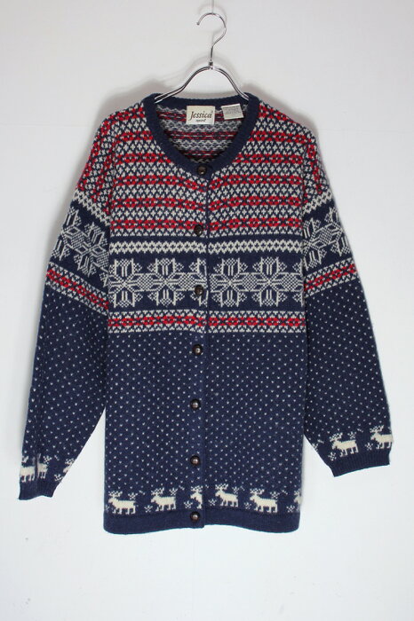 【中古】JESSICA (ジェシカ) 90'S NORDIC PATTERN WOOL KNIT CARDIGAN 90年代 ノルディック柄 ウール ニット カーディガン NAVY/RED [SIZE: L USED]